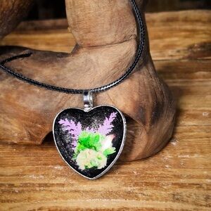 Handcrafted Purple and Green Heart Pendant Necklace with Floral Design